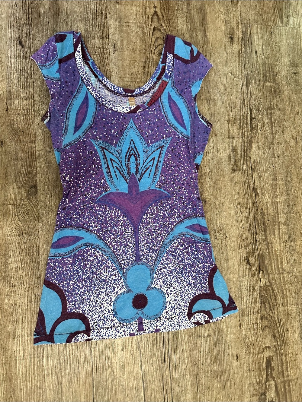 Free People Boho Purple Blue Floral Scoop Neck Cap Sleeve Top Size XS/TP